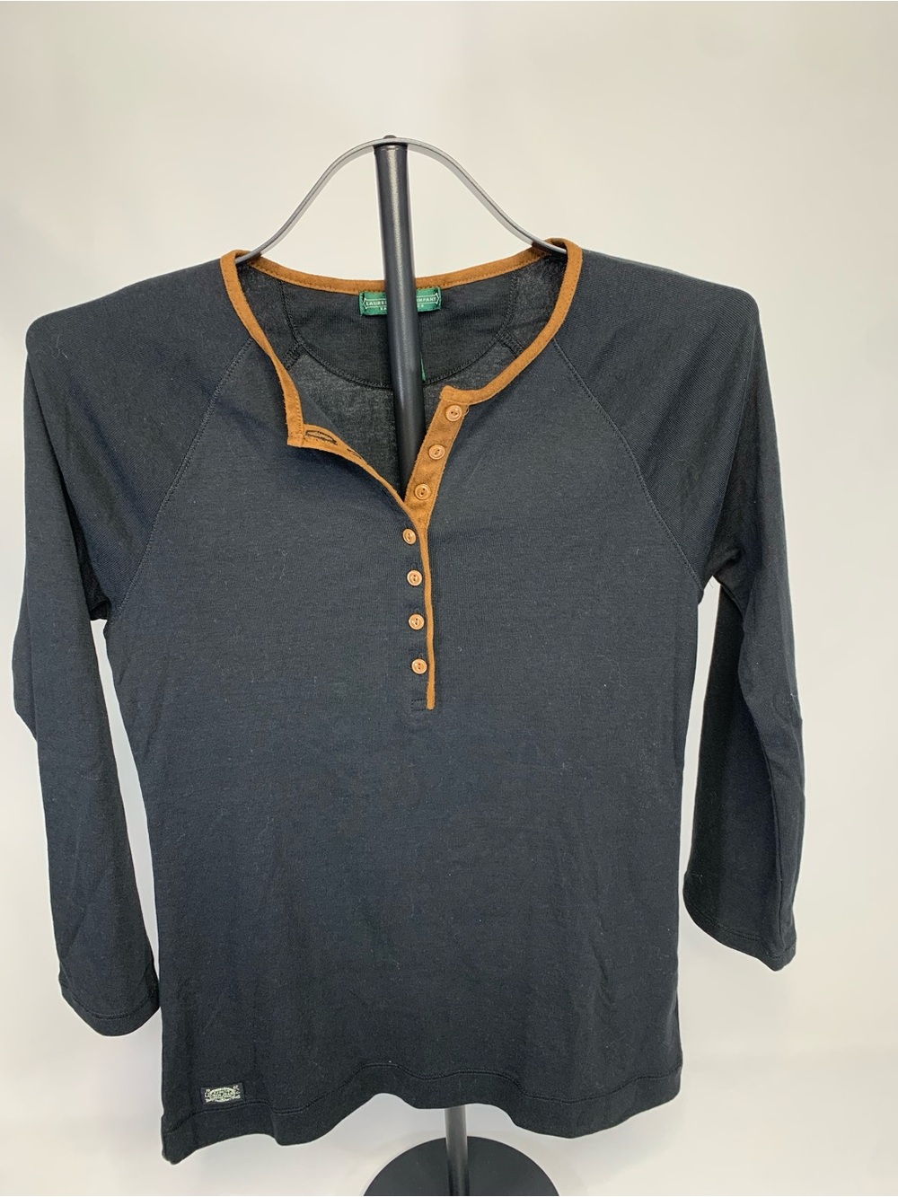 Ralph Lauren Black Long Sleeve Henley with Tan Contrast Trim